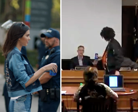 Left: In the cancelled commercial Kendall Jenner somehow solves police brutality by handing a police officer a can of Pepsi.