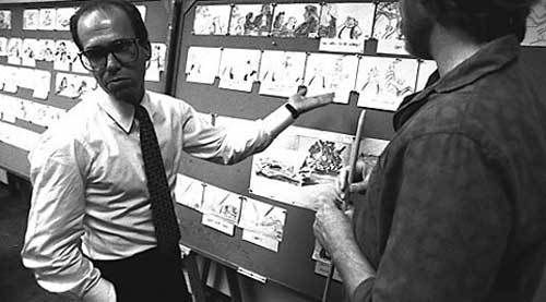 <p>Jeffrey Katzenberg gestures toward a “Beauty and the Beast” storyboard back in the late 1908s.</p>
