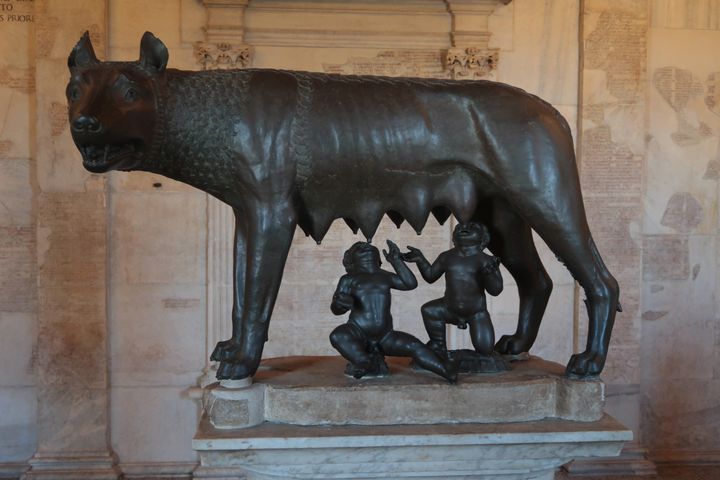 A sculpture of Romulus and Remus suckling at the she-wolf at the Musei Capitolini in Rome 