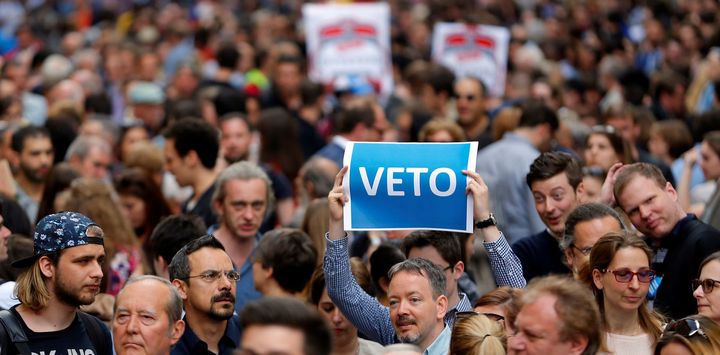 A rally protests against a new law that could force the Soros-founded Central European University out of Hungary. 