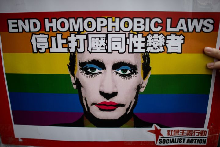 An activist protests Russia's anti-gay legislation on the day of the opening ceremony of the Sochi Winter Olympic Games in February, 2014 