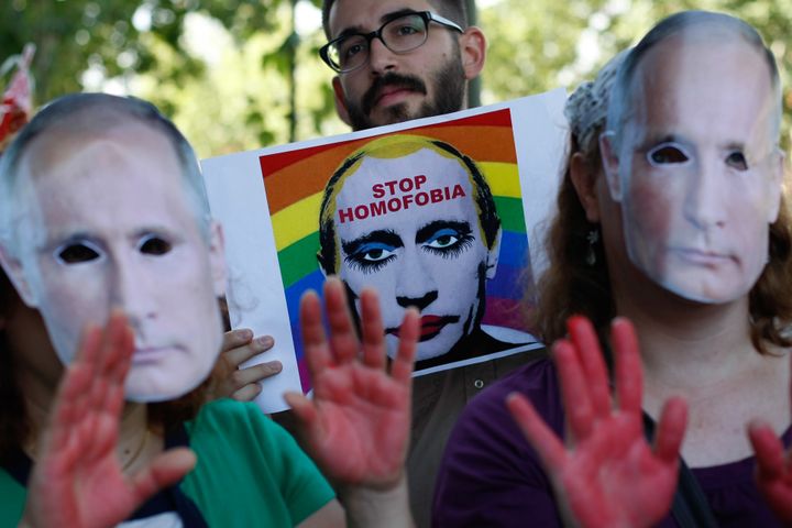 Protesters at the Russian Embassy in Madrid