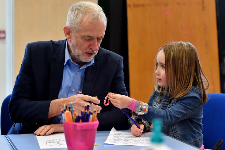 Corbyn is given a loom band by seven-year-old Zofia Bylinski-Gelded