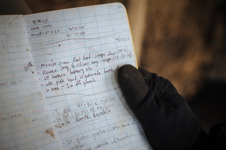 A researcher's notebook lists the chemicals left behind at a grow site.