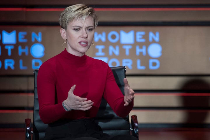 Scarlett Johansson speaks during the Women in the World Summit at Lincoln Center in New York, Thursday, April 6, 2017.