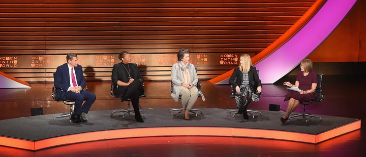 From left to right: Marc Pritchard, Queen Latifah, Madonna Badger, Fiona Carter and Katie Couric speak during the Eighth Annual Women In The World Summit. 