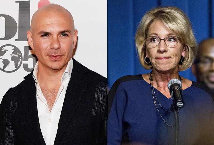 Education Secretary Betsy DeVos praised a school started by Pitbull despite its less-than-stellar record.