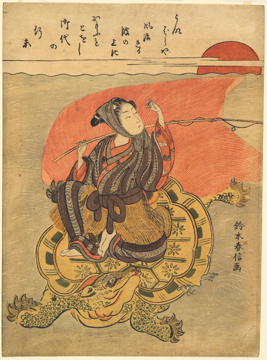 Suzuki Harunobu (1725-1770), "Youth on a Long-Tailed Turtle as Urashima Tarō," 1767. Color woodblock print.