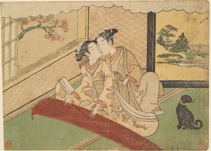 Suzuki Harunobu (1725-1770), "Geese Descending on the Koto Bridges from Eight Fashionable Parlour Views," 1768-1770. Color woodblock print.