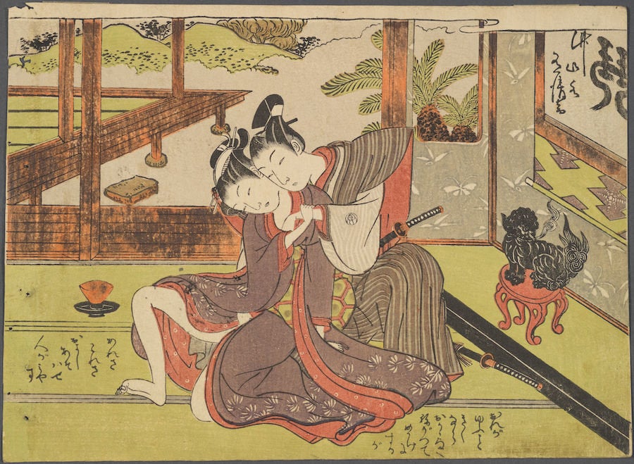 Isoda Koryūsai (1735-1790), "Samurai Wakashu and Maid," 18th century. Color woodblock print.