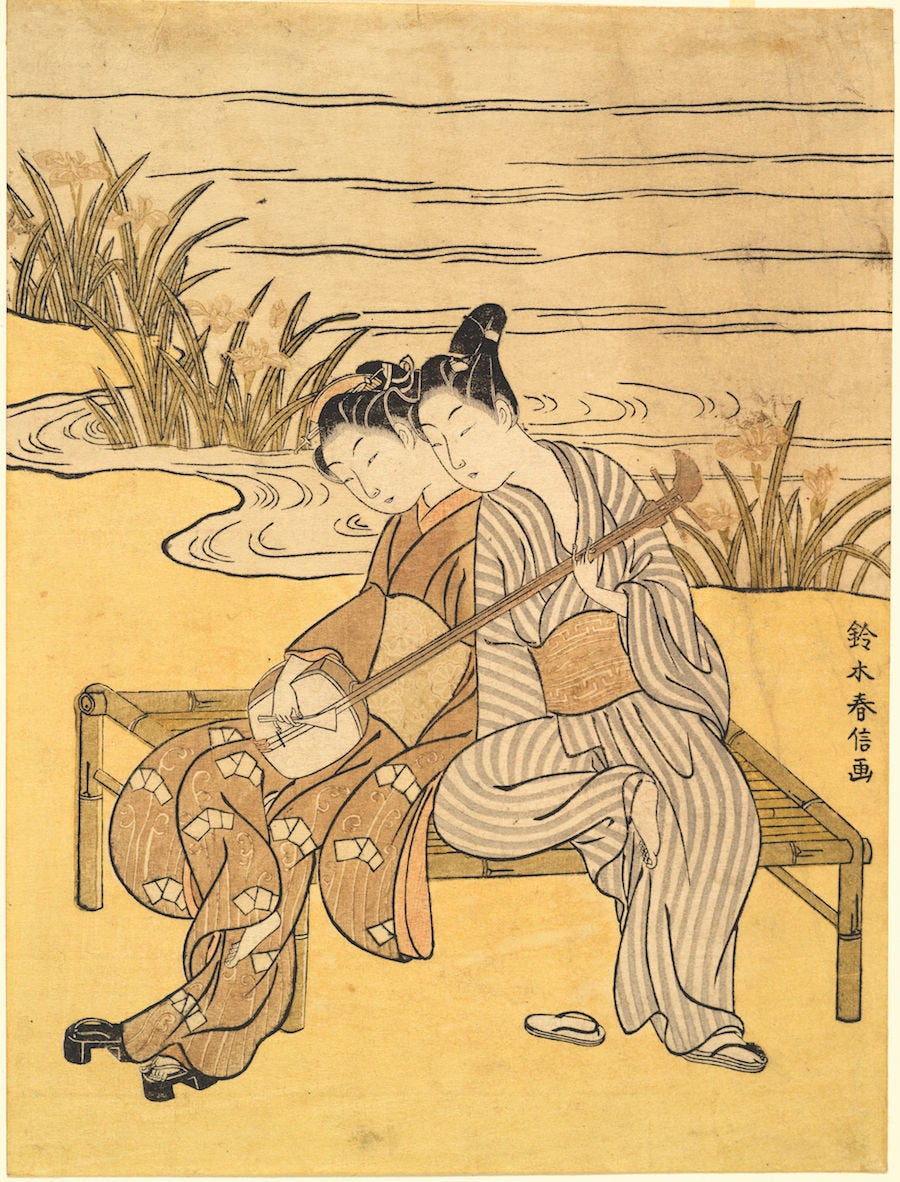 Suzuki Harunobu (1725-1770), "Two Lovers Playing a Single Shamisen," 1766-1769. Color woodblock print.