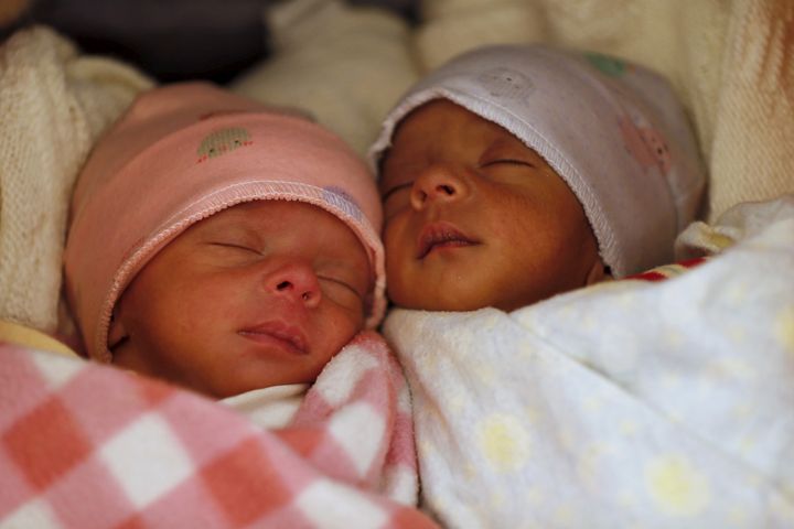 Syrian twins Malak and Ahmad are seen during a ceremony that UNFPA held in March 2016 to celebrate the birth of 5,000 babies with no maternal deaths at Al Zaatari refugee camp in Jordan. 