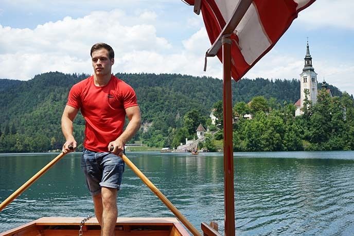 <p>Rowing a Pletna boat on Lake Bled, Slovenia.</p>