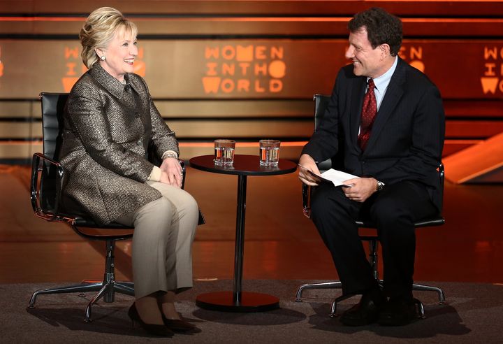 Former United States Secretary of State Hillary Clinton (L) speaks with journalist Nicholas Kristof on stage at the 8th Annual Women In The World Summit at Lincoln Center for the Performing Arts on April 6, 2017 in New York City.