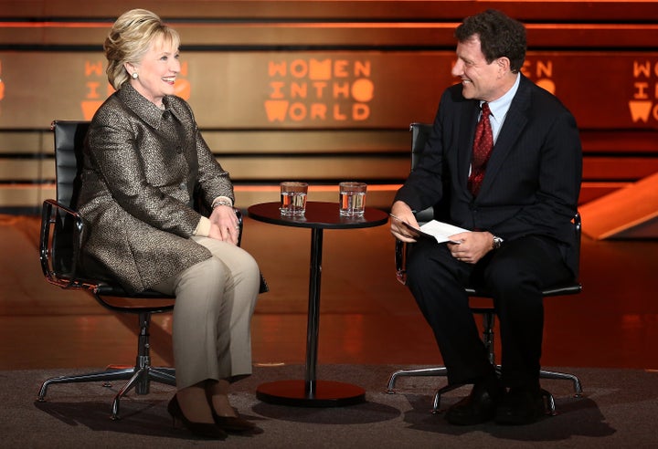 Former United States Secretary of State Hillary Clinton (L) speaks with journalist Nicholas Kristof on stage at the 8th Annual Women In The World Summit at Lincoln Center for the Performing Arts on April 6, 2017 in New York City.