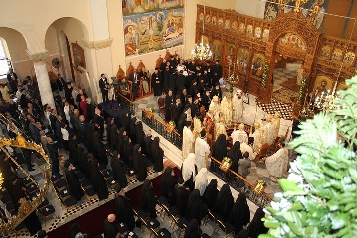 Primates concelebrating Synodal Divine Liturgy for the Sunday of All Saints at the Church of Sts. Peter and Paul in Chania, Crete.