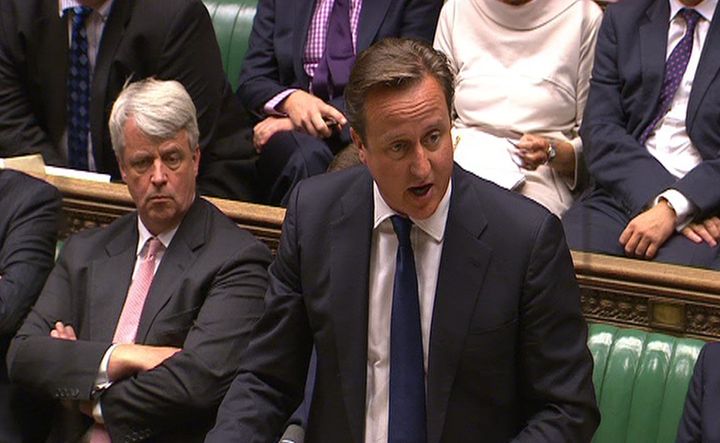 David Cameron speaks after he suffered a humiliating defeat after MPs rejected a motion on the principle that military action could be required to protect Syrian civilians in the House of Commons in 2013.