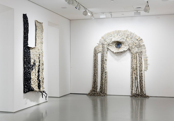 <p>Moffat Takadiwa, <em>Say Hello to English</em>, exhibition view at Tyburn Gallery, 2017. Courtesy the artist and Tyburn Gallery. Photo: Lewis Ronald.</p>