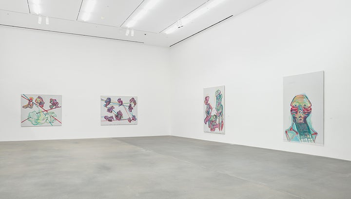 Installation view, Maria Lassnig. A Painting Survey, 1950 –2007, Hauser & Wirth London, 2017 © Maria Lassnig Foundation. Courtesy the Foundation and Hauser & Wirth. Photo: Alex Delfanne.