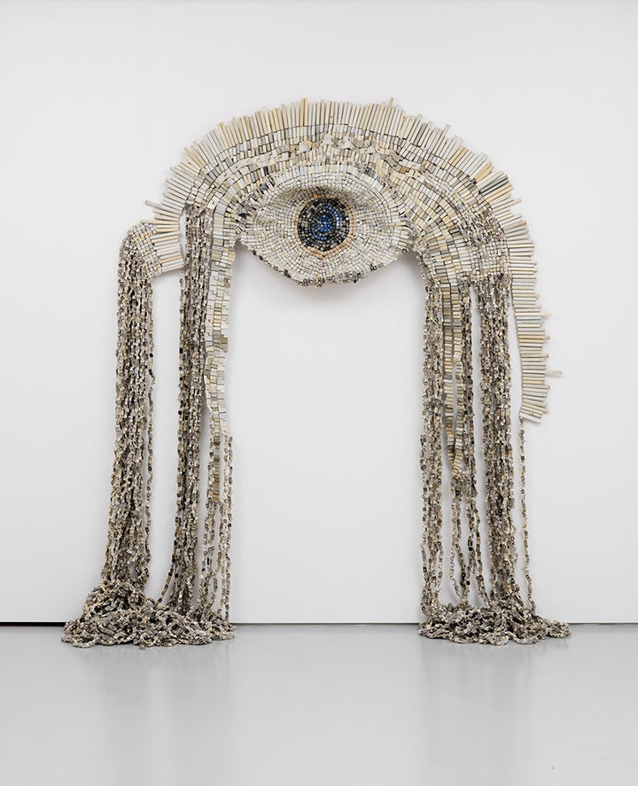 <p>Moffat Takadiwa, <em>Judging by Language</em>, 2017, laptop and computer keys, 250 x 210 x 30 cm. Courtesy the artist and Tyburn Gallery. Photo: Lewis Ronald.</p>