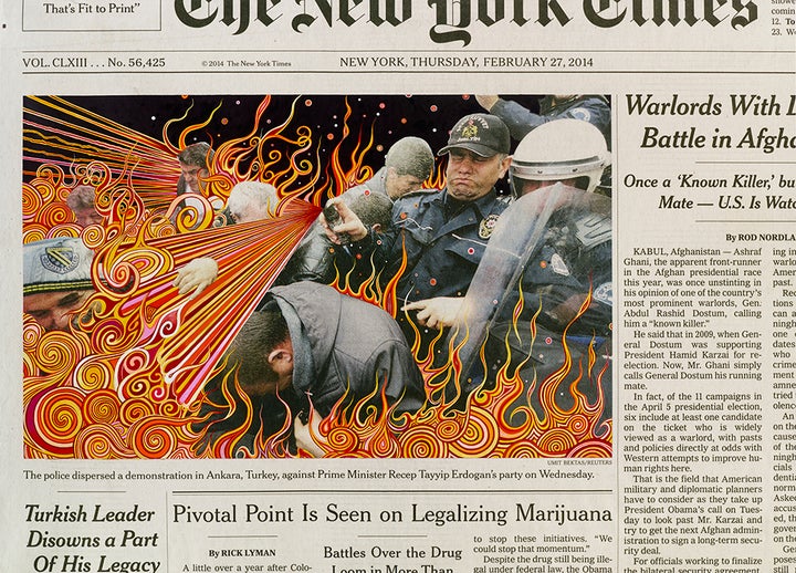 <p>Fred Tomaselli, <em>Thursday Feb 27 2014</em>, 2016, acrylic over archival inkjet print, 43 x 59 3/4 in. (109.2 x 151.8 cm). © Fred Tomaselli. Photo: © White Cube (Max Yawney).</p>