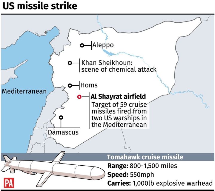 A map of Syria showing the scene of the chemical attack and the Al Shayrat airfield targeted by US warheads