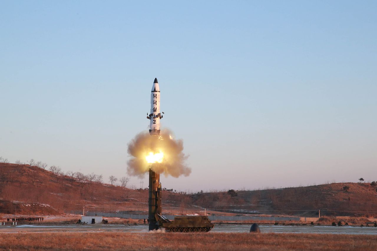An undated photo released by North Korea's Central News Agency gives a view of the test-fire of Pukguksong-2.