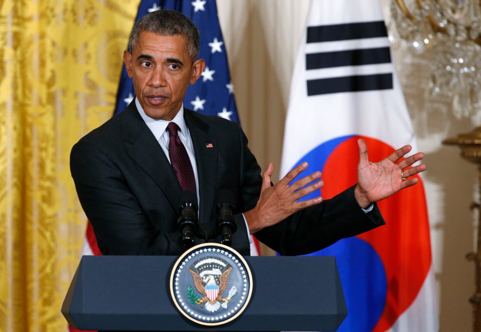 U.S. President Barack Obama held a joint news conference with South Korea's then-President Park Geun-hye at the White House in Washington Oct. 16, 2015.