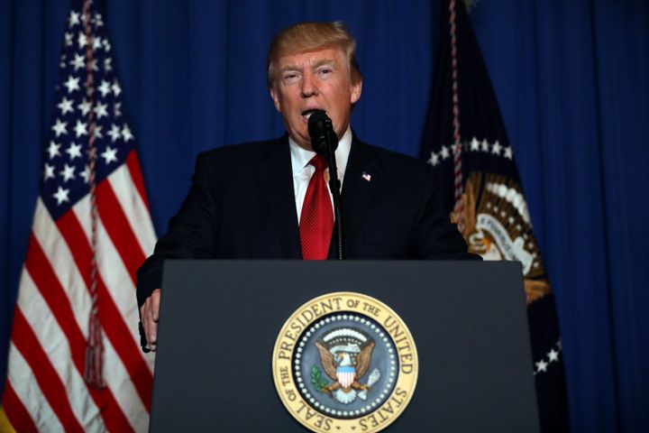 President Donald Trump delivers an statement about missile strikes on a Syrian airbase, at his Mar-a-Lago estate in West Palm Beach, Florida, U.S., April 6, 2017.