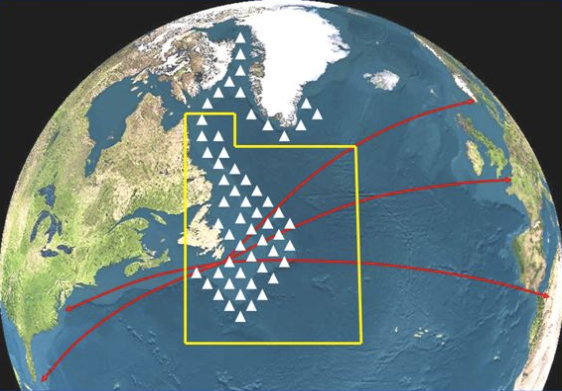 This infographic shows maritime shipping routes in red, intersecting with common iceberg extents.