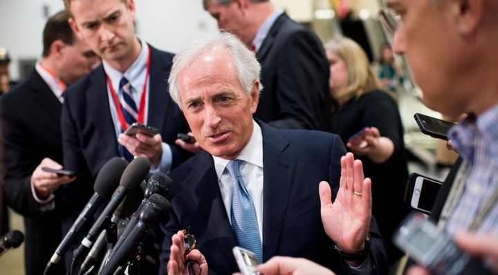 Sen. Bob Corker, R-Tenn., speaks with reporters before the start of a briefing on Syria for Senators in the Capitol on Friday, April 7, 2017.