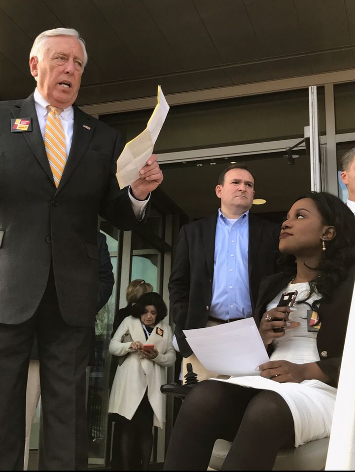 Congressman Steny Hoyer and Ola Ojewumi speaking at a Maryland Affordable Care Act rally on January 15th, 2017 held at Bowie State University .