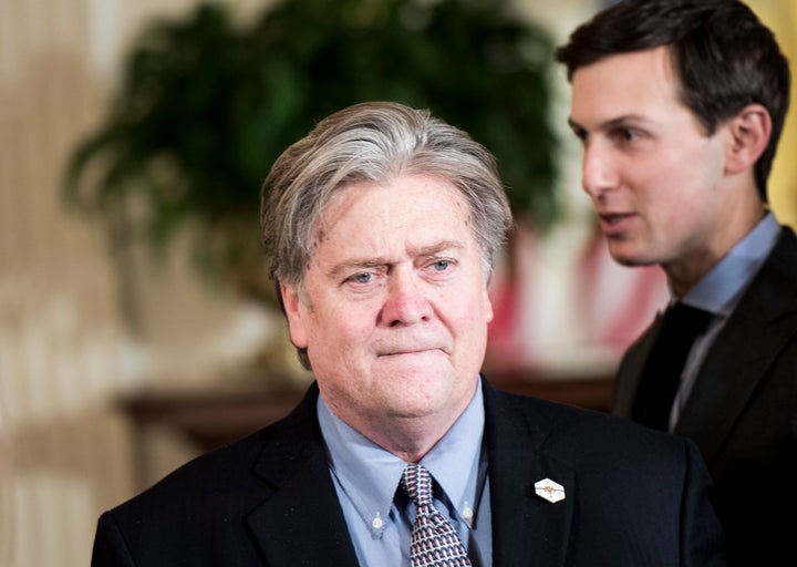 White House Chief Strategist Steve Bannon, left, has reportedly accused Senior Adviser Jared Kushner of planting stories