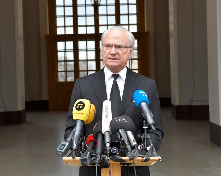 Swedish King Carl Gustaf makes a short statement in Stockholm, April 8, 2017, after he was briefed about the terrorist attack in which a hijacked beer truck plowed into pedestrians on Drottninggatan and crashed into Ahlens department store.