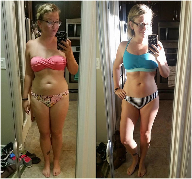 <em>August 3, 2016: 165lbs vs March 31, 2017: 147lbs.</em>