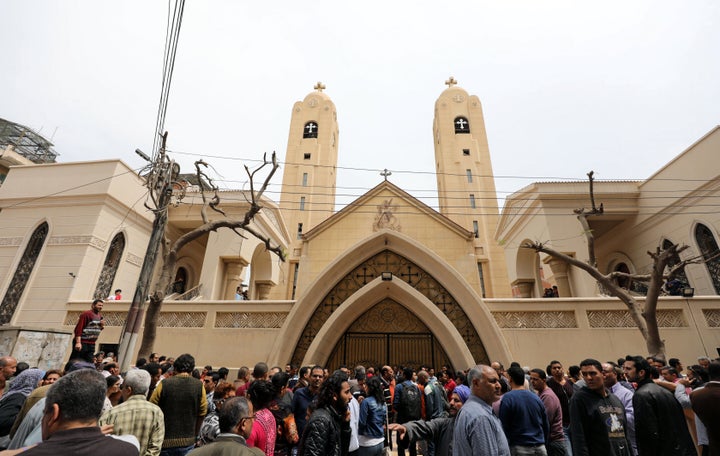 Egyptians gather in front of a Coptic church that was bombed on Sunday in Tanta, Egypt, April 9, 2017. (REUTERS/Mohamed Abd El Ghany)