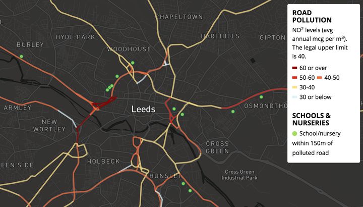 Schools and nurseries in Leeds highlighted with green dots