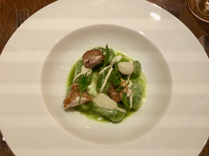 At restaurant Local, Venice: nettle gnocchi with oyster mayonnaise and crisp nuggets of brain