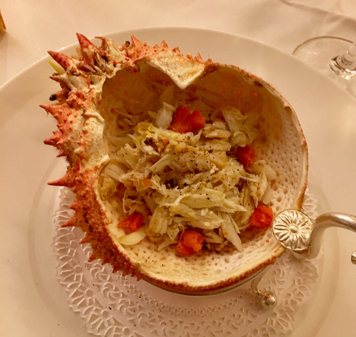 <p>Dressed spider crab at restaurant Al Covo, Venice</p>