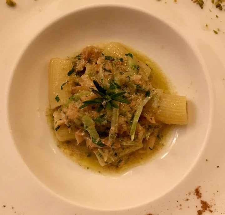 <p>Rigatoni with baccalà and pistachios at Al Covo</p>