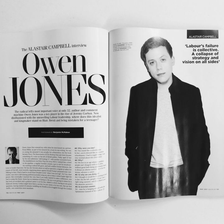 Jones was GQ's May 2017 Alastair Campbell interviewee, and on the right, wearing the expensive outfit