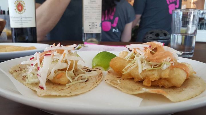 <p>Fish Tacos with Pickled Cabbage, Chipotle Crema, and Lime at Pancito & Lefty’s</p>