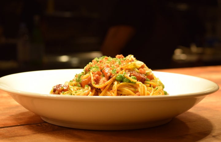 <p>Softshell Crab Spaghetti at Edmund’s Oast</p>