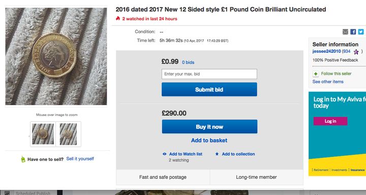 An ebay user trying to sell their coin for £290