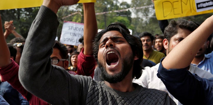 ‘Your nationalism is not my democracy’ read the banners of a protest in Delhi against intimidation on campuses. February 28,