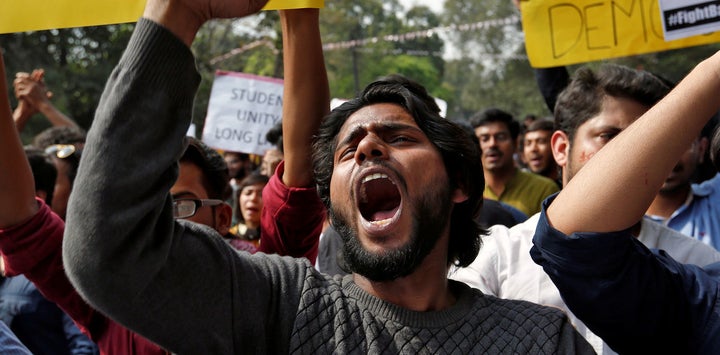 ‘Your nationalism is not my democracy’ read the banners of a protest in Delhi against intimidation on campuses. February 28, 2017. 