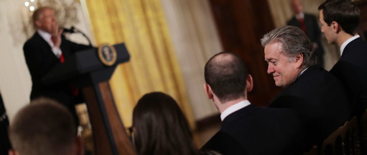 Steve Bannon (second from right), who once ran a news outlet close to white nationalists, is now a close adviser to President Donald Trump.