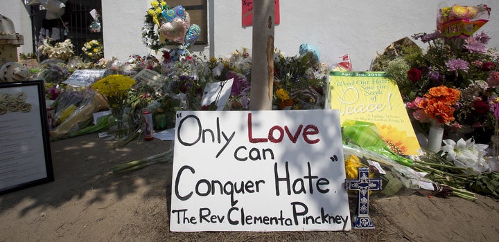 A makeshift memorial for those killed by a white supremacist at Emanuel African Methodist Episcopal Church in June 2015.