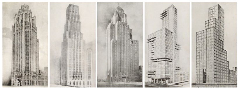 <em>Entries to the Chicago Tribune Tower competition (1922). L-R: John Howells and Raymond Hood (winner), Eliel Saarinen (sec