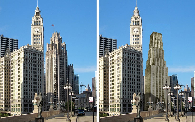 <em>LEFT: Tribune Tower as built, with Wrigley Building on the left. RIGHT: Eliel’s Saarinen’s design as it would look in pla